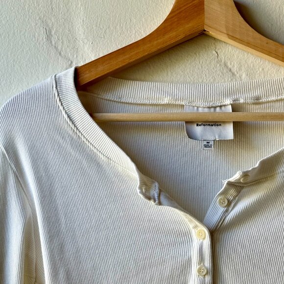 Reformation Jayden Long Sleeve Henley Tee, Ivory, Size M - Picture 4 of 5